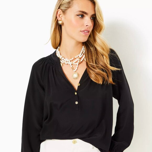 New Lilly Pulitzer Elsa Silk Top, Black, Nior - Picture 3 of 11